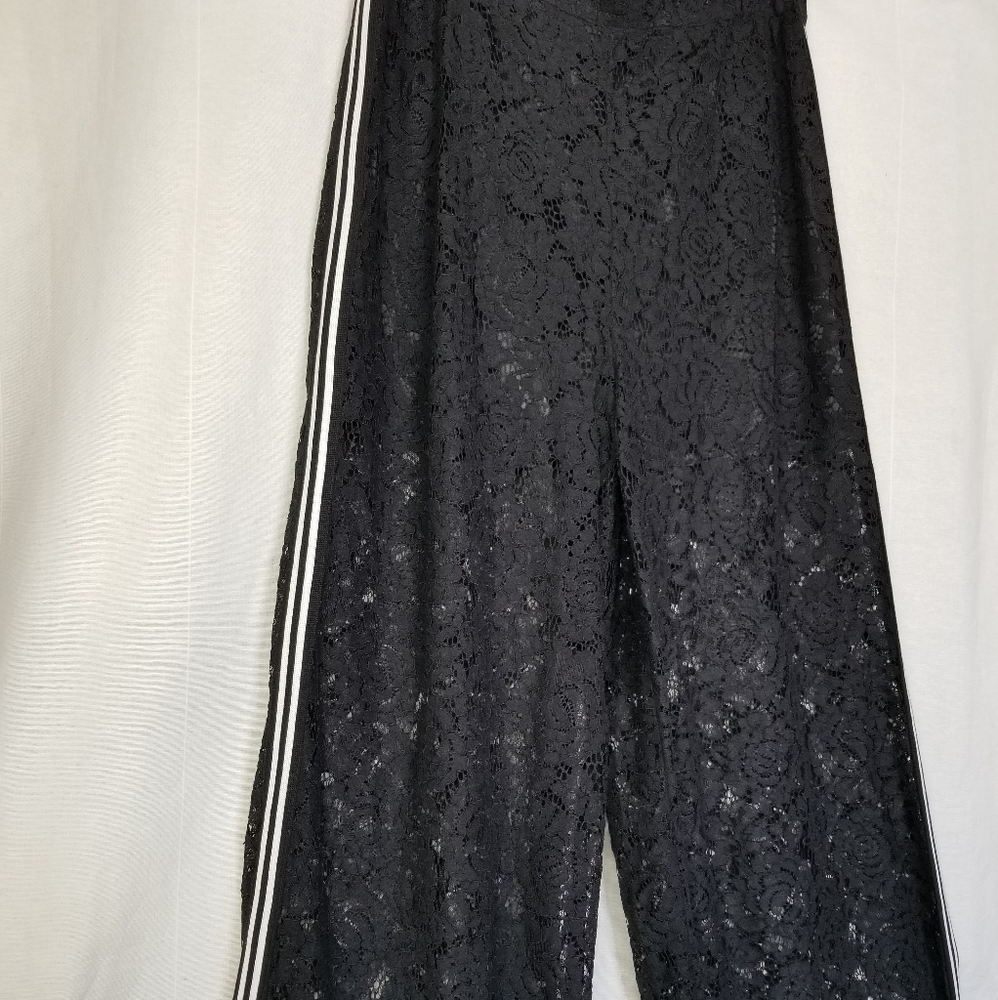 New WHY Dress Black Lace Wide Leg Tuxedo Stripe Pants With Shorts Lining Small - Picture 6 of 16